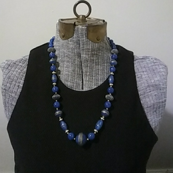 3/$18 Vintage Blue & Gold Greco/Roman Style Bead Necklace - Picture 1 of 4